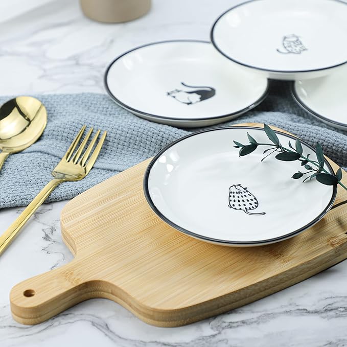 SOCOSY Cute Cartoon Gentleman and Dot Cat Ceramic Seasoning Dishes Sauce Dish Sushi Dipping Bowl Appetizer Plates Tea Bag Holder Serving Dish for Kitchen 5 Inch, Set of 4
