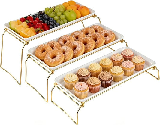 Large 3-Tier Melamine Serving Tray Set with Display Stand, Tiered Serving Tray for Food Display, 17 Inch Platters Dessert Cupcake Stand for Parties and Events