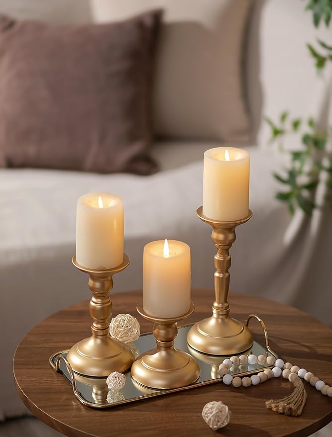 Sziqiqi Gold Candle Holders Decor: Candle Holders for Pillars Candlesticks - Taper Candleholders Set of 3 for Wedding Table Fireplace Mantel Holiday