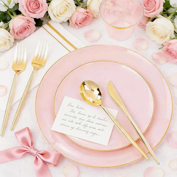 MirthMood 350PCS Pink Plastic Plates with Gold Rim – Plastic Plates Set Includes 50 Dinner,50 Dessert Plate,50 Cup&50 Napkins 150 Gold Silverware for Wedding&Birthday Parties&Valentine's Day