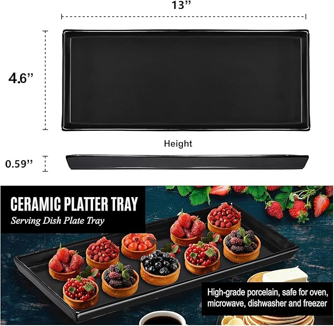 Matte Black Plastic Serving Platters (13 x 4.6 Inch Rectangle Plates) Serving Dishes for Entertaining, Food, Appetizers, Desserts, Cheese Board, Charcuterie, Sushi - Set of 4 Party Trays