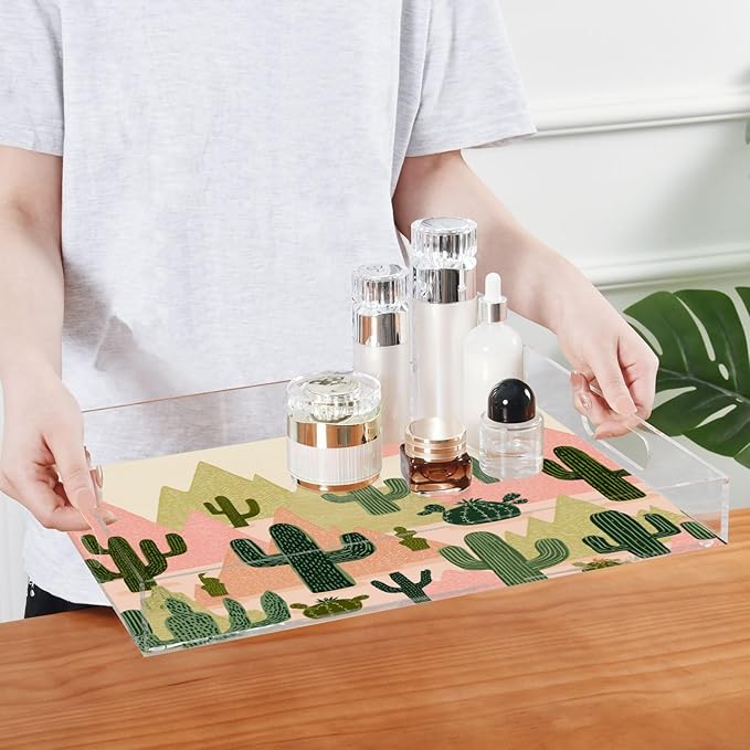 Serving Tray with Handles Clear Acrylic Tray 12x16 Inch Decorative Rectangular Tray Organizer for Ottoman Coffee Table Bathroom Boho Cacti Mountains Sun