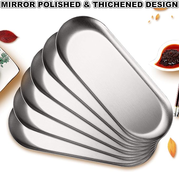 6PCS Stainless Steel Serving Tray Set Small Metal Trays Decorative Silver Platters for Serving Food Party 9" Long Plate Oval Storage Trays Thickened Serving Dishes for Entertaining Sushi Snack