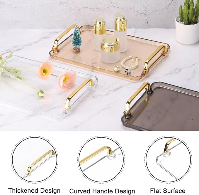 PATIKIL 16.1 x 8.7 Inches Plastic Serving Tray with Golden Handles, Reusable Tray Rectangular Party Platters for Dessert Coffee Tea Table, Living Room Kitchen Countertop, Transparent