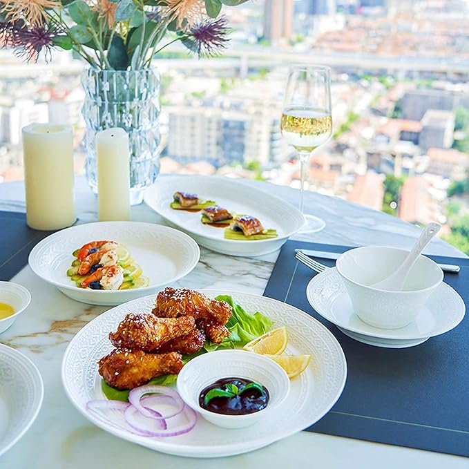 High-End Dinner Set,Ceramics Dinner Set,Pure White Relief Light Luxury 32 Pieces Bone China Dinnerware Sets | European Style Porcelain Steak Plates and Cereals Bowls for,