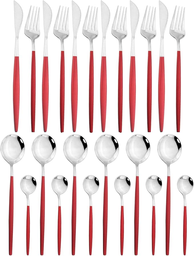 JASHII 24 Piece Titanium Red Plated Stainless Steel Flatware Set,Red Handle With Silver Mouth Utensils Set, Red With Silver Cutlery Set Service for 6 (Red Handle, Shiny Silver)