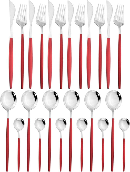JASHII 24 Piece Titanium Red Plated Stainless Steel Flatware Set,Red Handle With Silver Mouth Utensils Set, Red With Silver Cutlery Set Service for 6 (Red Handle, Shiny Silver)