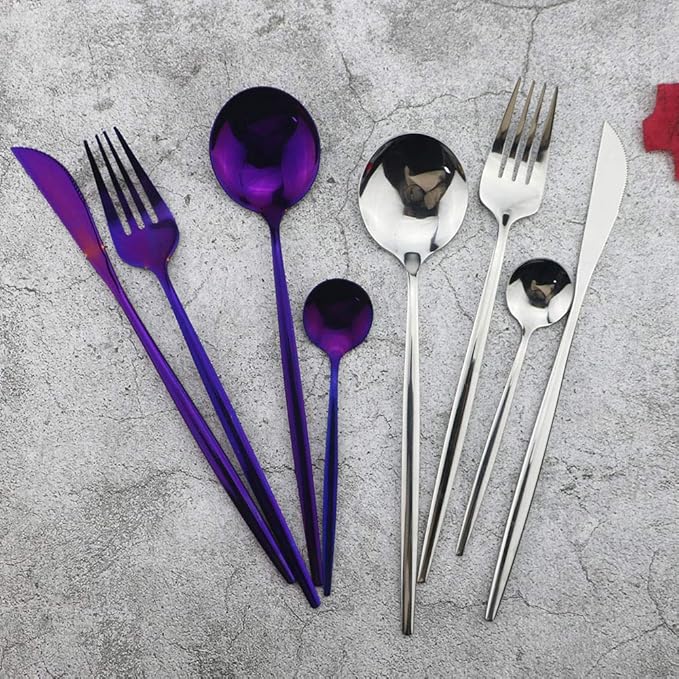 JASHII Silverware Sets, 4-Piece Stainless Steel Flatware/Cutlery/Tableware Set Service for 1 Person, Include Knife/Fork/Spoon, Mirror Polished (Purple)