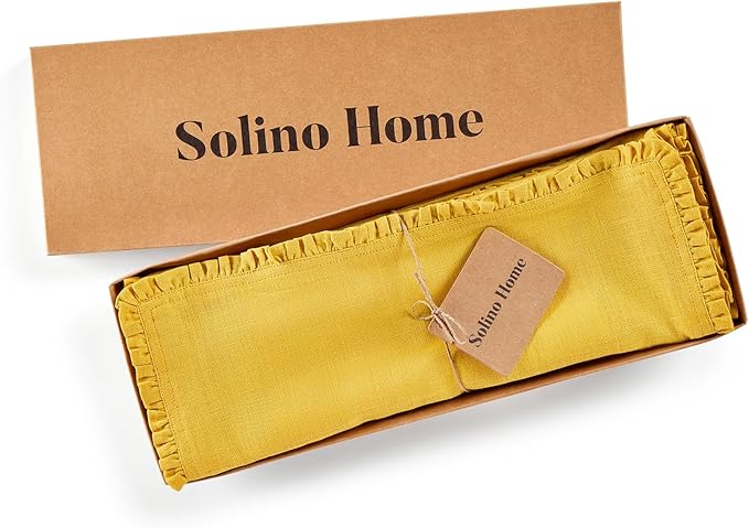 Solino Home Mustard Yellow Linen Placemats 14 x 19 Inch - 100% Pure Linen Juliette Ruffle Placemats Set of 4 - Handcrafted and Machine Washable Table Mats