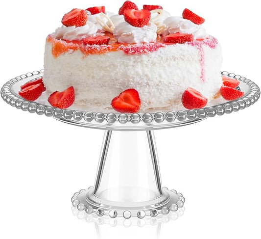 Wenqik 8 Inch Beaded Glass Cake Stand Vintage Clear Cake Stand Cakes Serving Platters Footed Dessert Plate Display Desserts Holder Fruit Serving Tray Display Accessories for Wedding Party Supplies