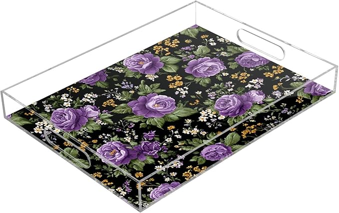 Serving Tray with Handles Clear Acrylic Tray 12x16 Inch Decorative Rectangular Tray Organizer for Ottoman Coffee Table Bathroom Vintage Floral Purple Roses