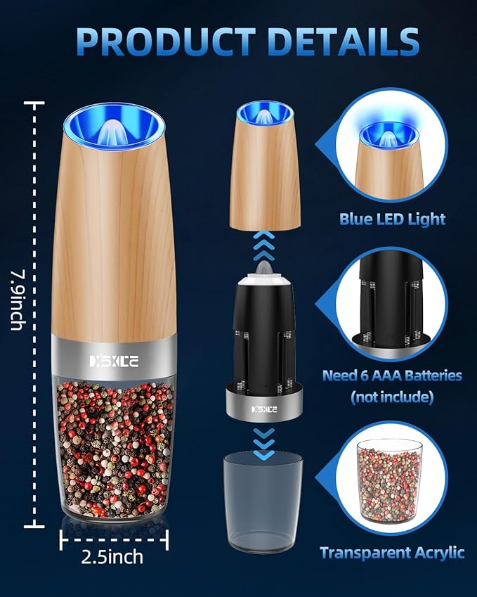 XinXu Electric Pepper Grinder, Salt or Pepper Mills & Adjustable Coarseness, with LED Light, One Hand Automatic Operation -Set/RoseRed