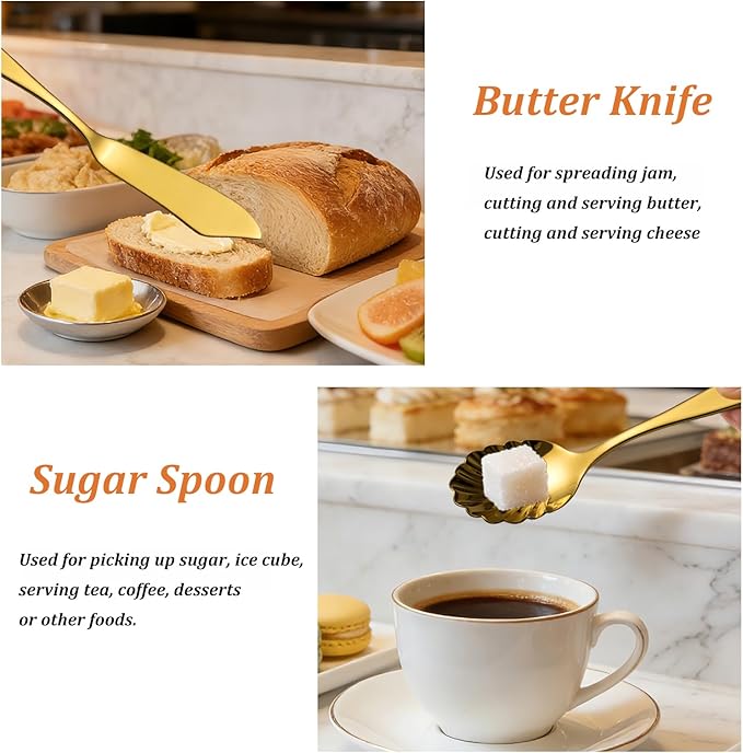 Serving Utensils, CITESANA 5-Piece Gold Stainless Steel Silverware Serving Set Mirror Polished Hostess Flatware for Buffet Kitchen Dishwasher Safe