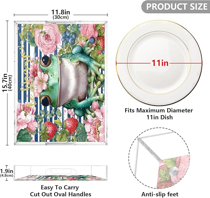 Serving Tray with Handles Clear Acrylic Tray 12x16 Inch Decorative Rectangular Tray Organizer for Ottoman Coffee Table Bathroom Be Happy Blue Striped Frog Floral Strawberry