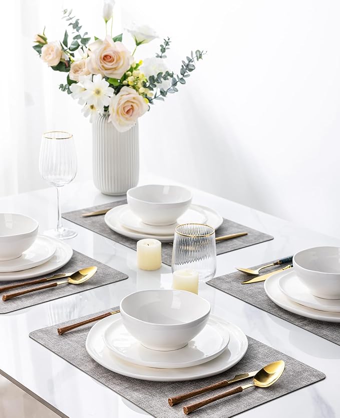 GBHOME Ceramic Dinnerware Sets for 4, 12 Pieces Porcelain Lightweight Plates and Bowls Sets, Scratch Resistant Dish Set, Oven & Microwave & Dishwasher Safe, Angel White