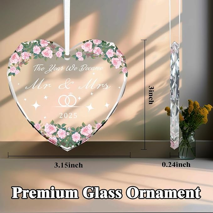 2025 Mr and Mrs Glass Ornament - Wedding Gifts for Couples, Bridal Shower Gifts, Keepsake for Newlyweds with Gift Box, Heart Shaped Just Married Decorations (Pink)