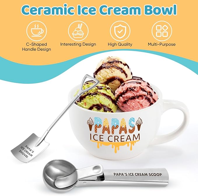 Father’s Day and Christmas Gift - Papa's Ice Cream Bowl and Scoop Set for Daughter, Son, Xmas Ideal Gift
