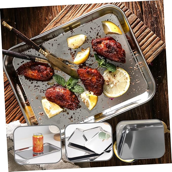 Cabilock Stainless Steel Rectangular Serving Tray 430 Food Storage Plate Flat Bottom Design for Restaurants and Hotels Silver Cooking Tray for Appetizers and Desserts