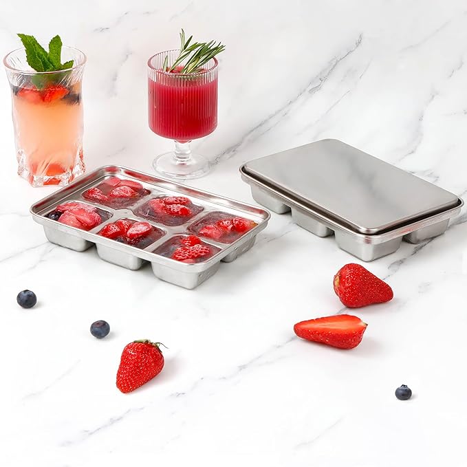 Ice Cube Tray with Lid, 2 Pack 12 Big Cubes, Stainless Steel Ice Cube Trays for Freezer, Ice Cube Molds for Cocktails, Whiskey, Drinks, and Ice Coffee, Easy Release