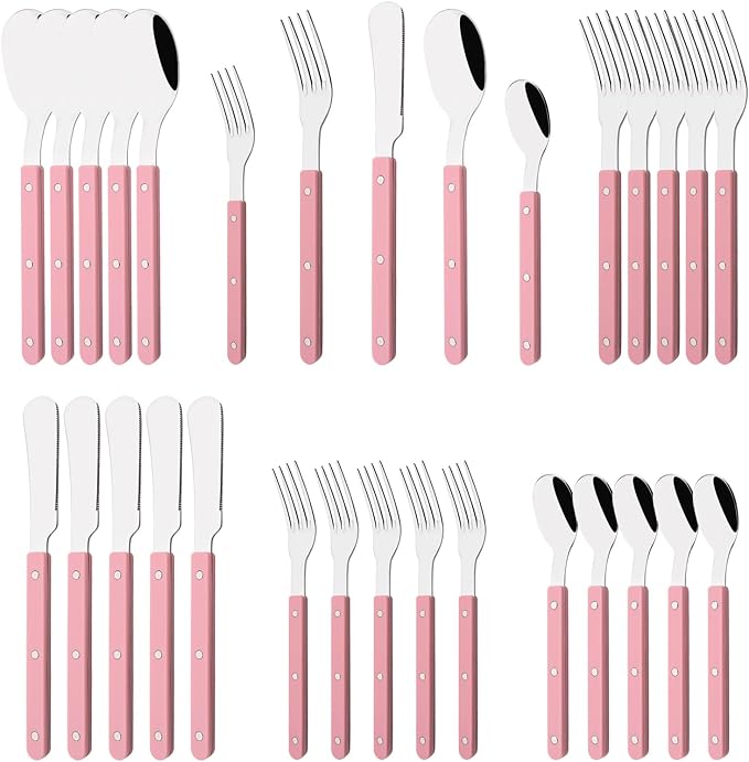 30 PCS Stainless Steel Flatware Set for 6, Silverware Set with Colored Handles, Retro Style Forks Spoons and Knives Set, Vintage Eating Utensils, Pink Acrylic Handle with Rivets Design