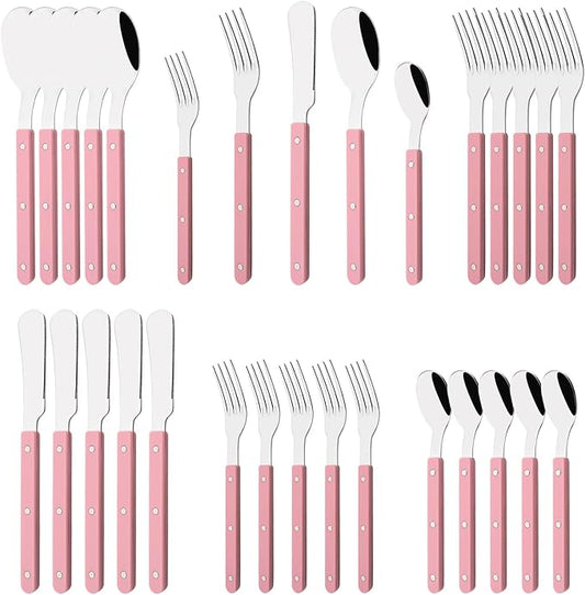 30 PCS Stainless Steel Flatware Set for 6, Silverware Set with Colored Handles, Retro Style Forks Spoons and Knives Set, Vintage Eating Utensils, Pink Acrylic Handle with Rivets Design