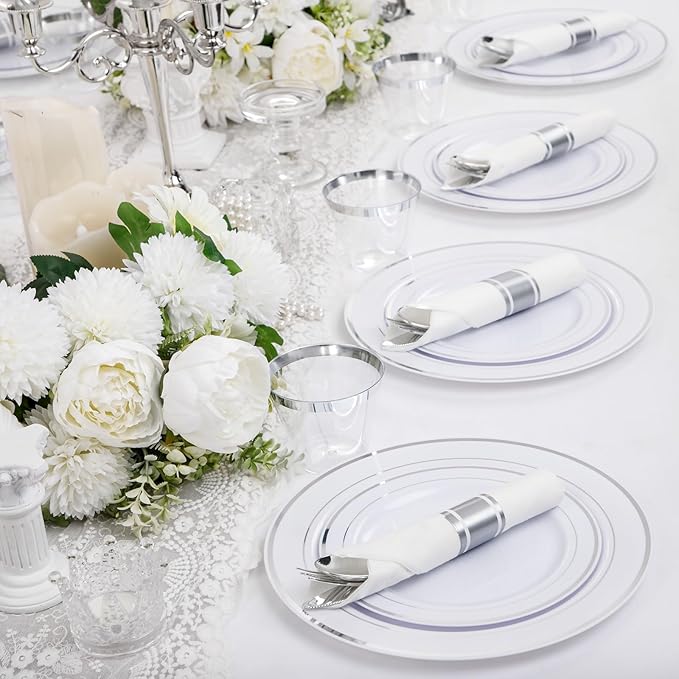 WELLIFE 210 Piece Silver Plastic Dinnerware Set for 30 Guests, Plastic Plates for Party, Include: 30 Dinner Plates, 30 Dessert Plates, 30 Pre Rolled Napkins with Silver Silverware and 30 Silver Cups