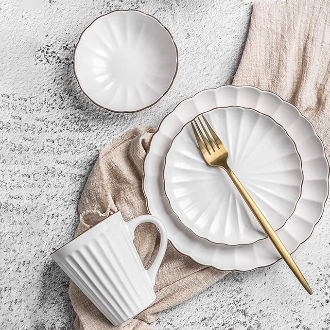 Dinner Set,Ceramics Dinner Sets, 45 Pieces Petal Design Matte Porcelain Dinnerware Set | Cereals Bowl & Mug & Plate for Wedding Gifts and Family Party,A~White