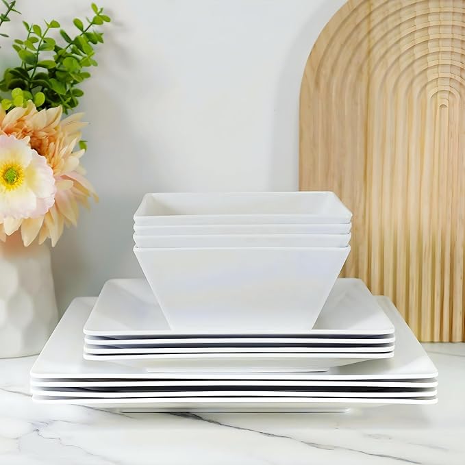 TP 12-Piece Dinnerware Set, Melamine Dishes Set with Bowls and Plates, Non-breakable and Lightweight Square Dinner Set for 4, White