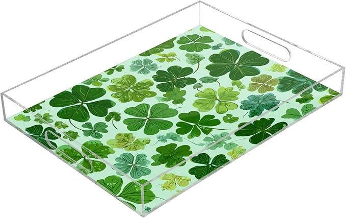 Serving Tray with Handles Clear Acrylic Tray 12x16 Inch Decorative Rectangular Tray Organizer for Ottoman Coffee Table Bathroom Green Nature St Patrick Clovers