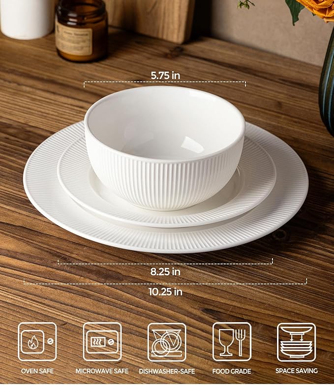 TheTerra Stoneware Dinnerware Sets for 6, 18 Pieces Ceramic Plates and Bowls Sets, Scratch Resistant Embossed Dish Set, Oven, Microwave & Dishwasher Safe, Bright White
