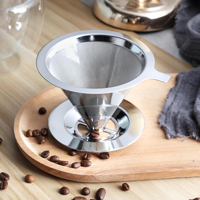 Pour Over Coffee Dripper Stainless Steel Coffee Filter Cone Coffee Filters Double Mesh Design Reusable