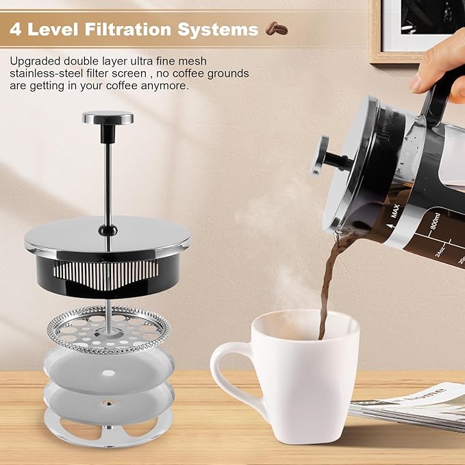French Press Coffee Tea Maker， Upgrade Heat Cold Resistant Thickened Glass with 4 Level Stainless Steel Filtration System Brew Coffee & Tea， BPA Free, Large 1000ml 34oz, (Silver)