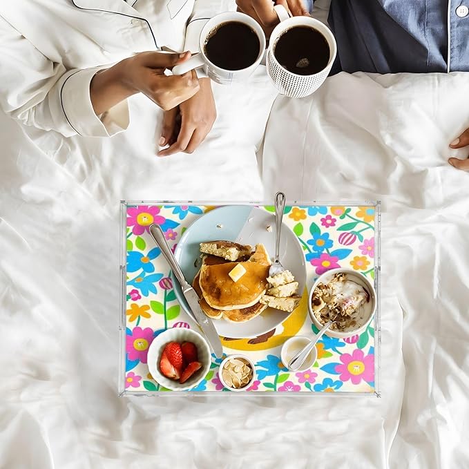Serving Tray with Handles Clear Acrylic Tray 12x16 Inch Decorative Rectangular Tray Organizer for Ottoman Coffee Table Bathroom Bright Colorful Easter Eggs