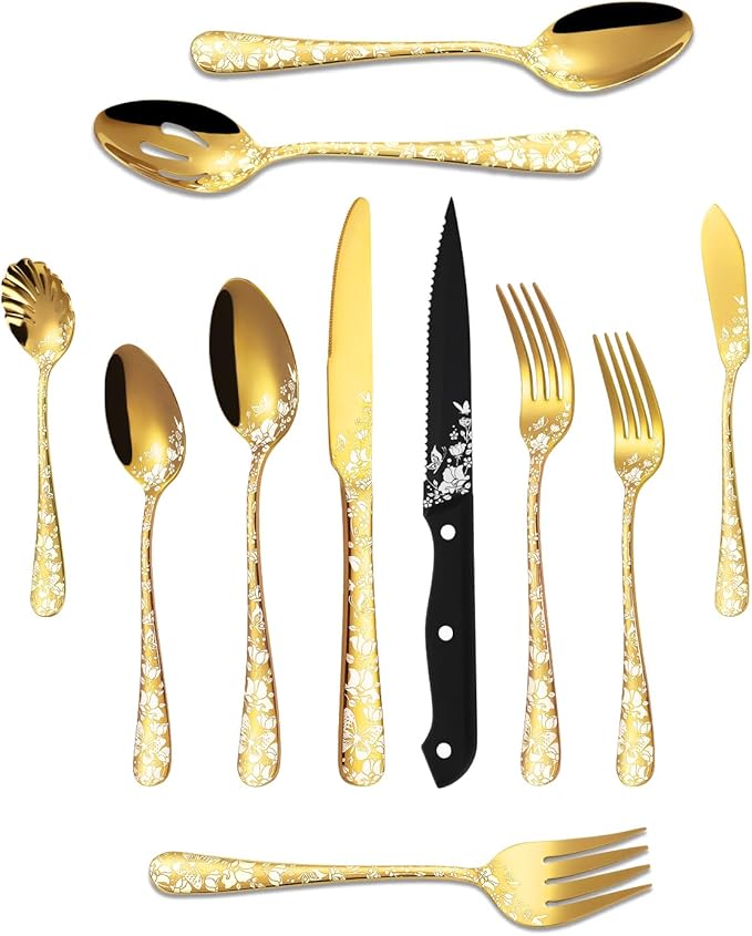 Stapava 77-Piece Gold Silverware Set for 12, Plus Steak Knife & Serving Set, Stainless Steel Flatware Cutlery Set, Mirror Eating Utensils Tableware with Butterfly Flower Laser, Dishwasher Safe