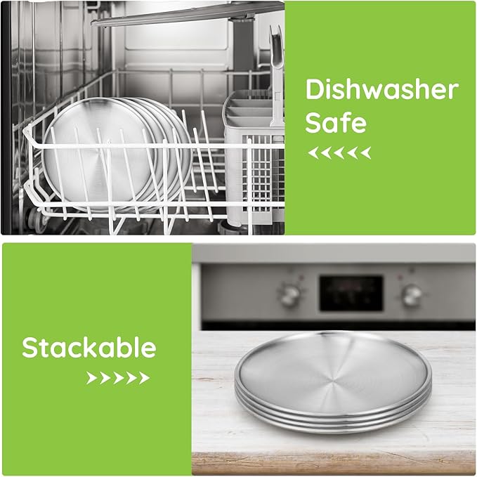 Stainless Steel Plates, 16 Set 6.7 inch 304(18/8) Metal Food Serving Plate, Reusable Snack Eating Dishes Round Shatterproof Plate Silver Dinnerware for BBQ Dinner Oven Dishwasher Safe