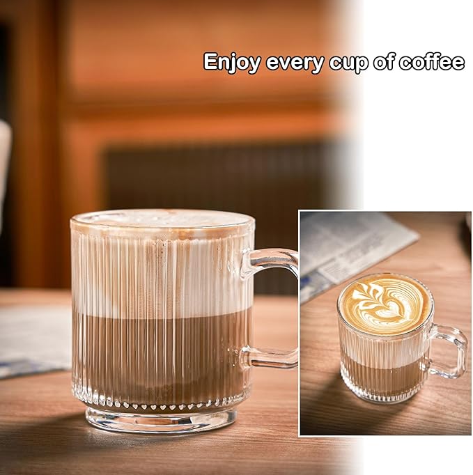 HMWEB Glass Coffee Mug Espresso Cups for Coffee 12 oz Classical Vertical Stripes Glass Tea Cups Transparent Glasses for Latte Juice Chocolate Gift