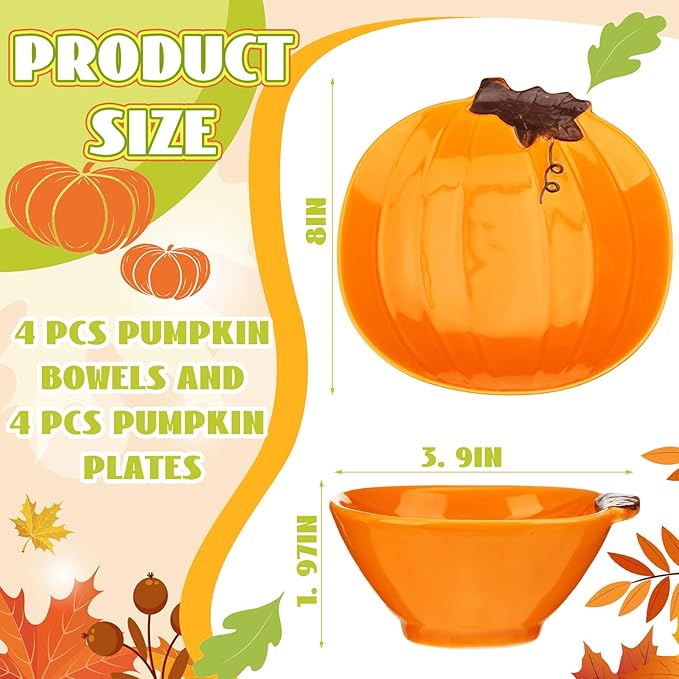 Maxcheck 8 Pcs Pumpkin Shaped Plates and Ceramic Pumpkin Bowls Kit Pumpkin Dinnerware for Thanksgiving Halloween Indoor Fall Table Decor(Orange)