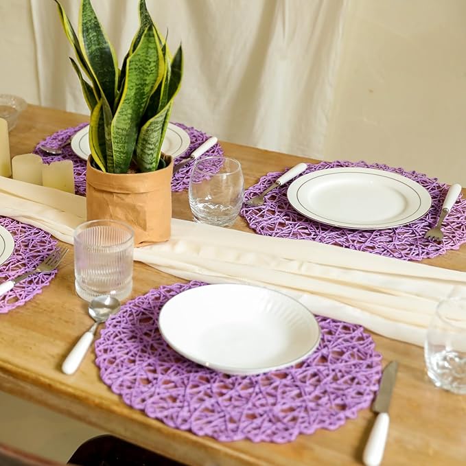 AHHFSMEI Paper Braided Round Placemats Set of 6 Natural Non-Slip Heat Resistant Table Mats for Dining Tables Woven Indoor Outdoor Place mats(Purple)
