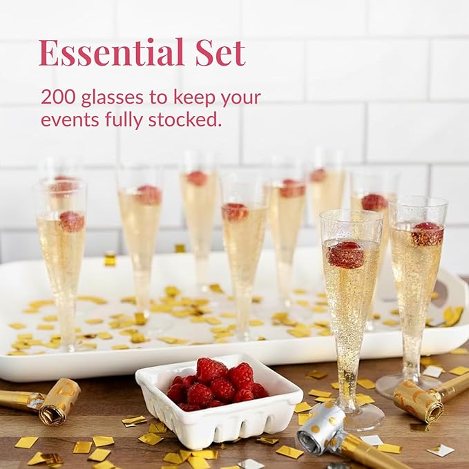 Prestee 200 Disposable Champagne Flutes Gold Glitter Glasses - 4.5 Oz Plastic Champagne Cups for Parties, Wedding Toasts, Mimosa Bar, and New Year’s Eve - Elegant Bulk Gold Plastic Wine Flutes