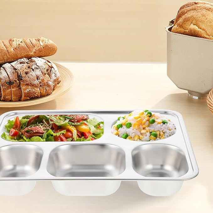Amosfun Food Divided Tray with Lid 5-Compartment School Cafeteria Dining Plate 11.02X8.66X1.57 Inch Portion Control Serving Tray for Kids and Adults