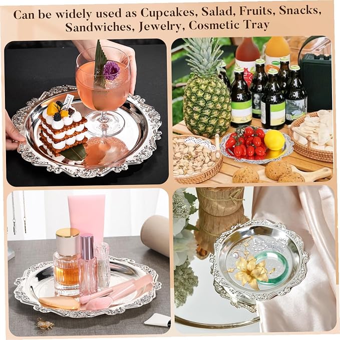 Unomor Elegant Vintage Serving Tray Silver Iron Snack Plate for Food Jewelry Display Dessert Decorative Platter for Parties Home Dining and Event Presentation