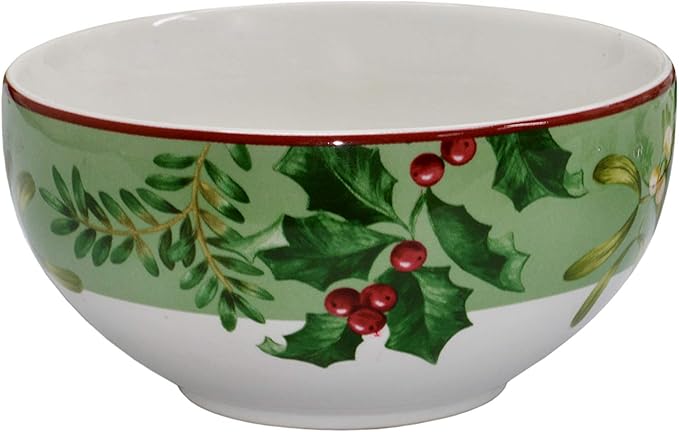 222 Fifth Christmas Foliage 12-Piece Porcelain Dinnerware Set for 4 - Glossy White Plates and Bowls Sets with Green Holly and Berry Design, Durable Ceramic Dish Set for Holiday Dining, Elegant Dishes
