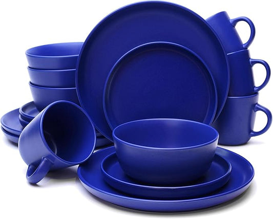 MÜLLERHEIM 903 Minimalist Collection 16-Piece Contemporary Ceramic Stoneware Dinnerware Sets for 4, Gentiana True Blue Plates and Bowls sets, Dinner Plates Set, Salad Dish Set, Bowls, Cup