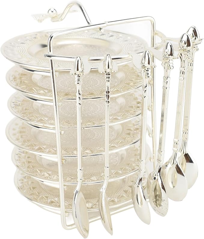Zerodis European Style Food Plate, Zinc Alloy Snack Storage Platter Set with Spoon, Elegant Serving Tray for Steaks Pasta Fruits At Parties (Silver)