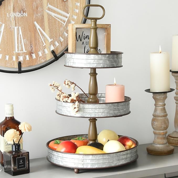 MODE HOME Farmhouse 3 Tiered Tray Stand, Decorative Metal Serving Tray with Handle for Kitchen, Dining Room, Shelf Coffee Bar, Seasonal Display Tiered Tray Decor, Galvanized Gray Finish