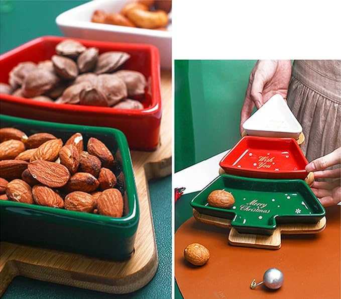 Colorful 10.8 Inches Snack Appetizer Trays Set, Christmas Tree Dessert Serving Dishes, Snack Platter, 3 pcs Removable Porcelain Plates with Bamboo Tree Tray