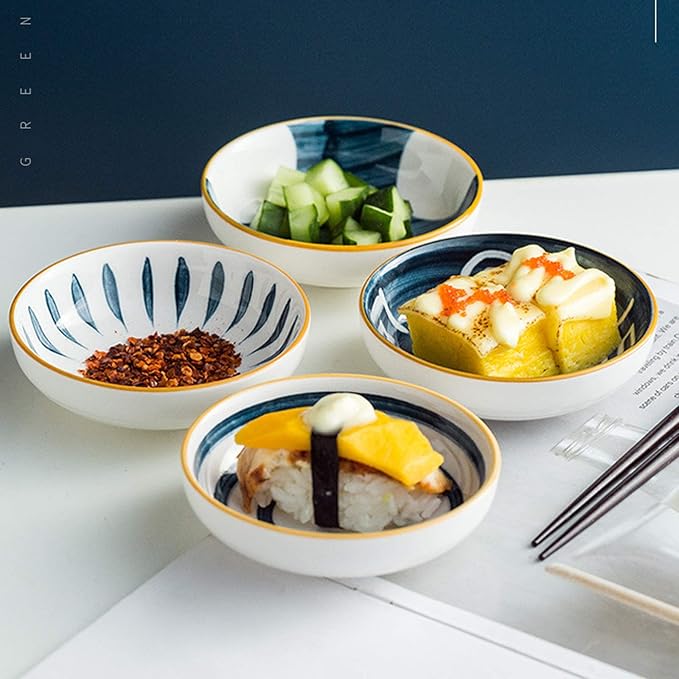 HEXEH Salad Plate 4pcs Household Round Ceramic Sauce Dish Soy Sauce Dipping Bowls Appetizer Plates Side Dishes Serving Dish Japanese Style Dinnerware Set Plastic Plate (Color : B)