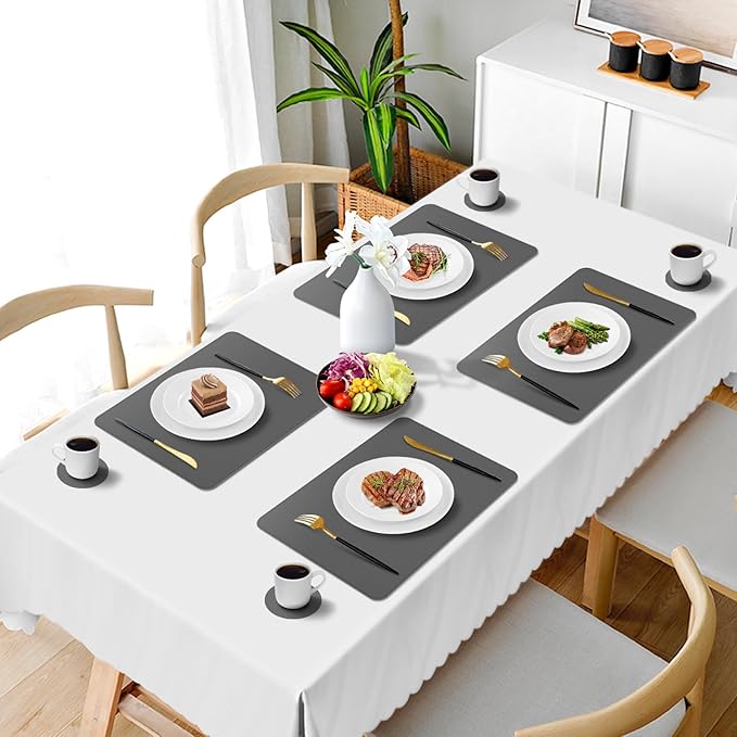 Vinyl Placemats Set of 6, Faux Leather Heat Resistant Kitchen Place Mats, Waterproof Wipeable Dining Table Mats and Coasters for Indoor, Outdoor (Gray)