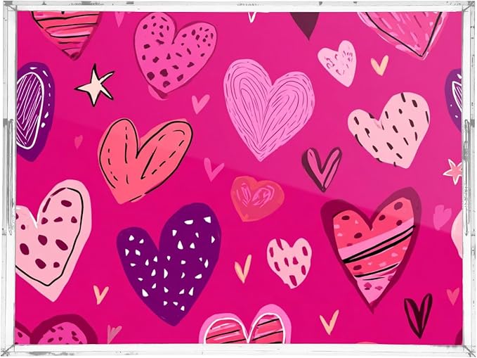 Serving Tray with Handles Clear Acrylic Tray 12x16 Inch Decorative Rectangular Tray Organizer for Ottoman Coffee Table Bathroom Hot Pink Doodle Hearts Stars