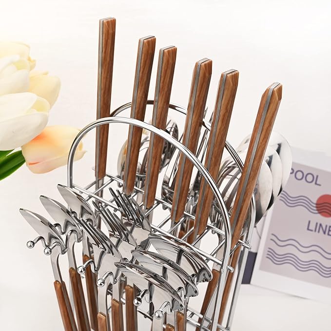 Silverware Set, 24 Piece Mirror Flatware Set With Stand, Stainless Steel Utensils With Wooden Handle, A Complete Cutlery Set For Most Families, Service For 6